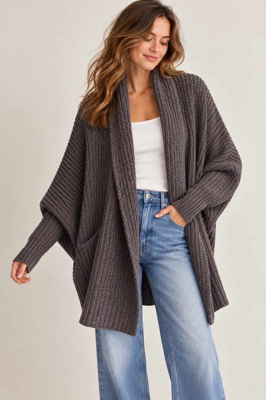 Aerie Oversized Batwing Open Front Cozy Knit Cardigan Sweater Gray Small